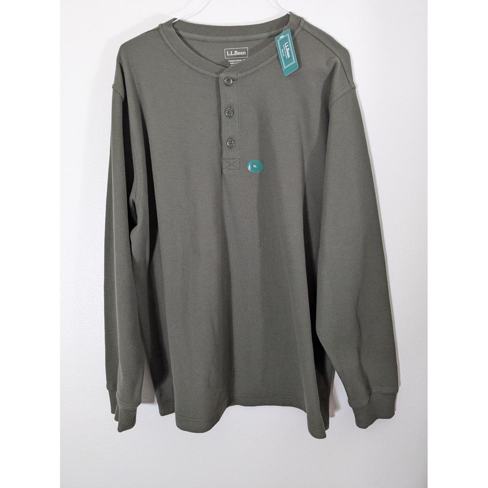 LL Bean Mens XL Undrinkable Mini Waffle Henley Shirt Green Long Sleeve 502224